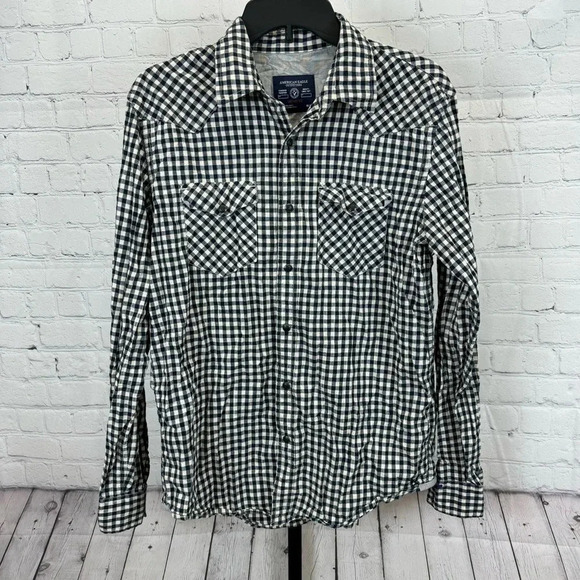 American Eagle Navy and White Plaid Snap Western Shirt Size Medium - Picture 1 of 6